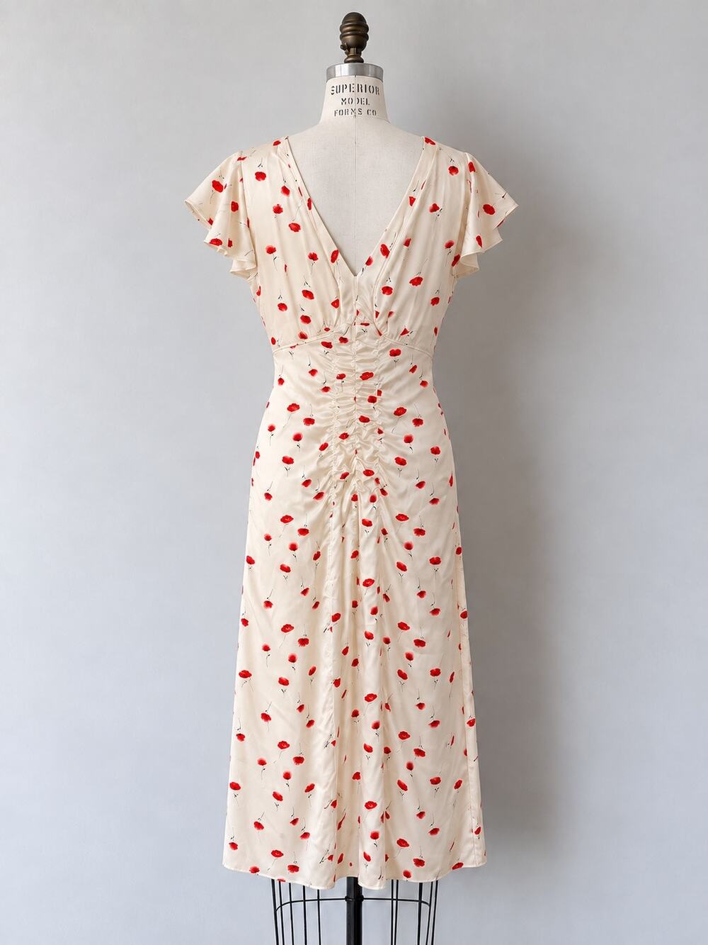 Vintage Silk Poppy Print Ruched Midi Dress | Approx. S/M